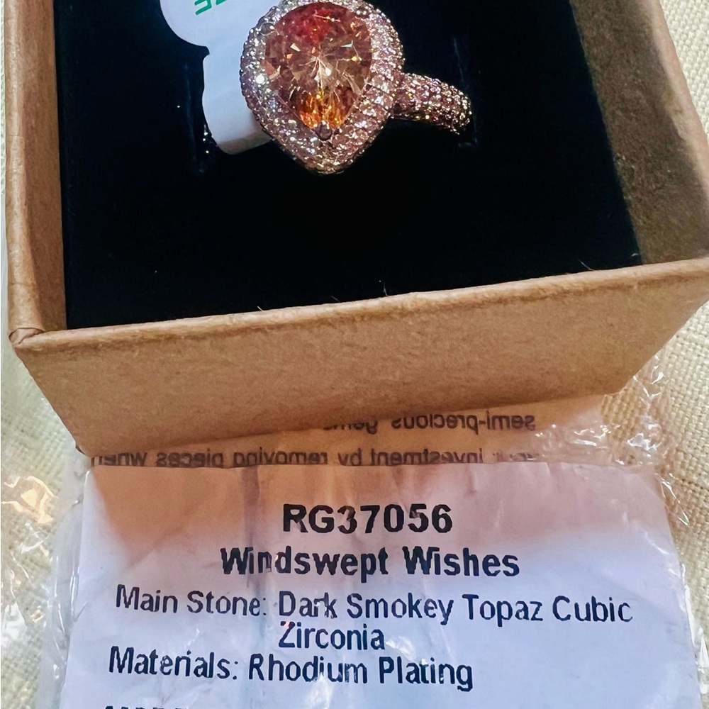 Dark Smokey Topaz and Rhodium plating Ring with Cubic Zirconia Accents